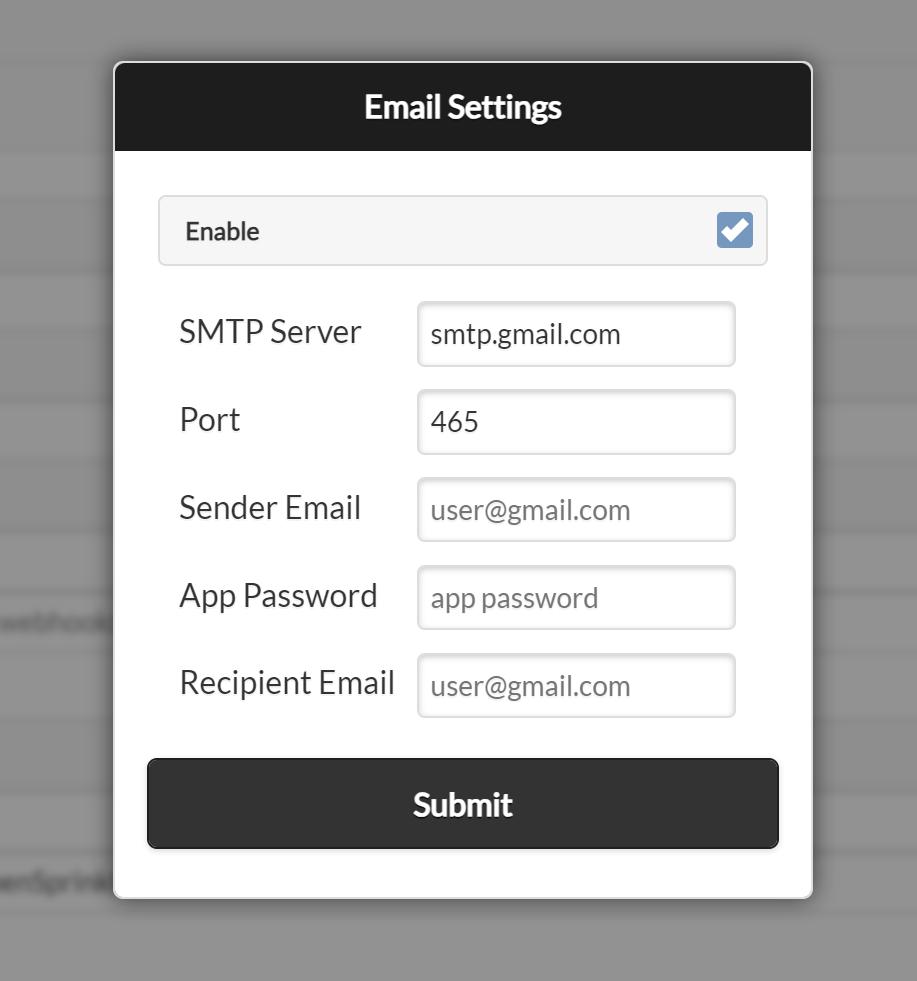 Email Settings input