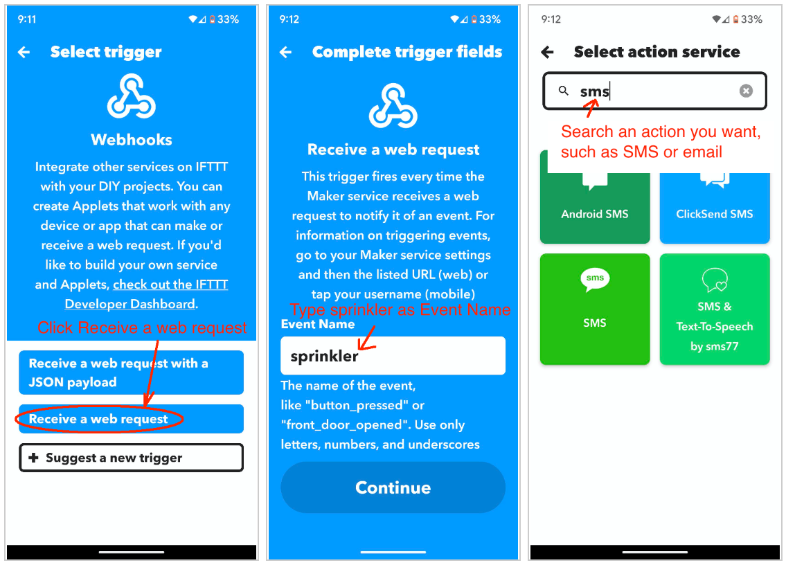 Set the Webhooks event name to sprinkler