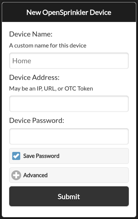 Add an OpenSprinkler site using an OTC token
