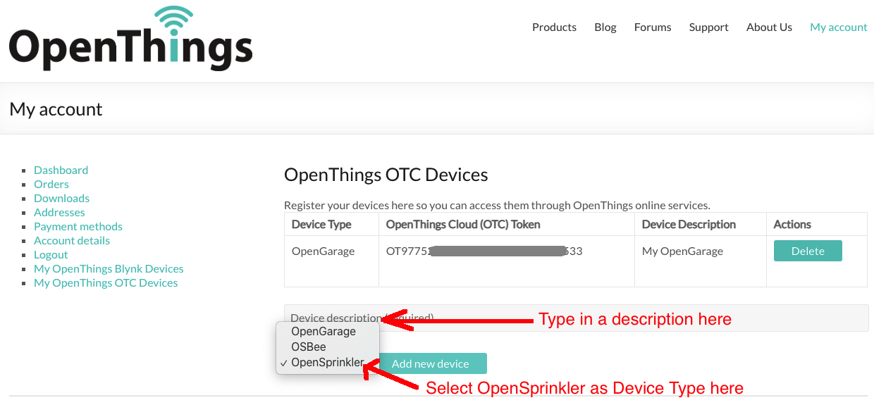 Create an OpenSprinkler device and obtain its OTC token