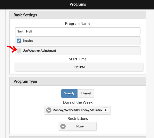 Use Weather Adjustment checkbox
