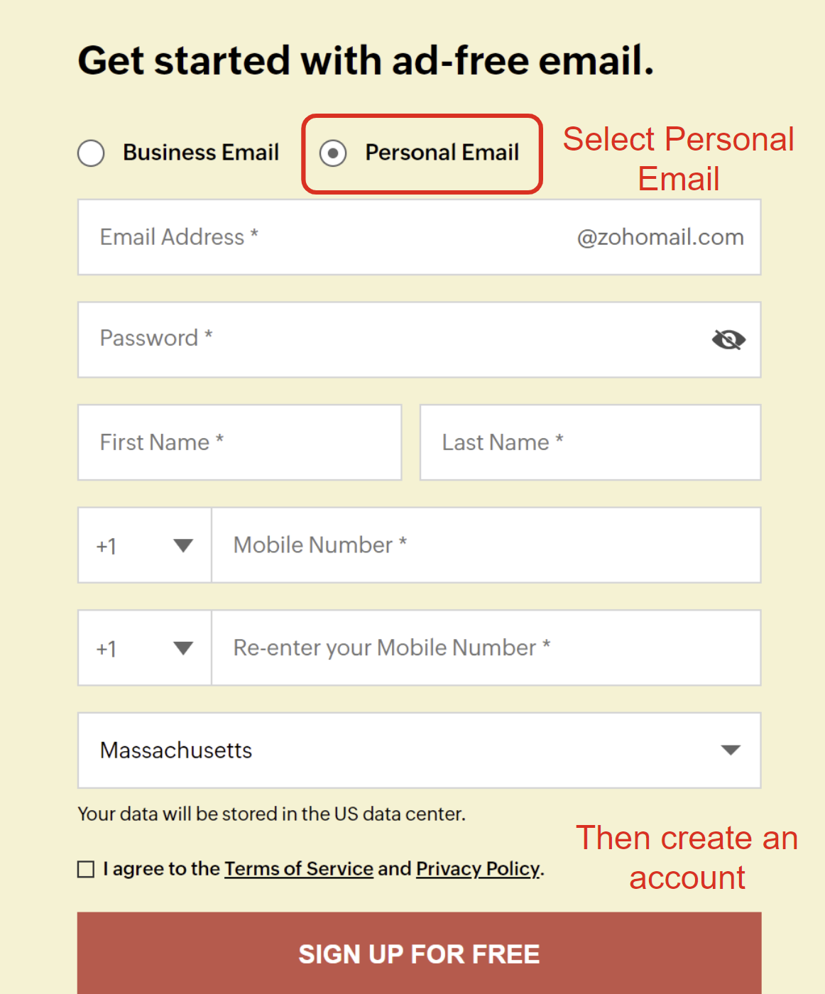 Zoho Create Account screen